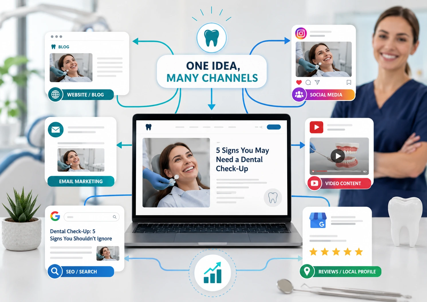 Dental content repurposing strategy showing one dental blog idea distributed across website, social media, email, video, SEO search, and local profile channels