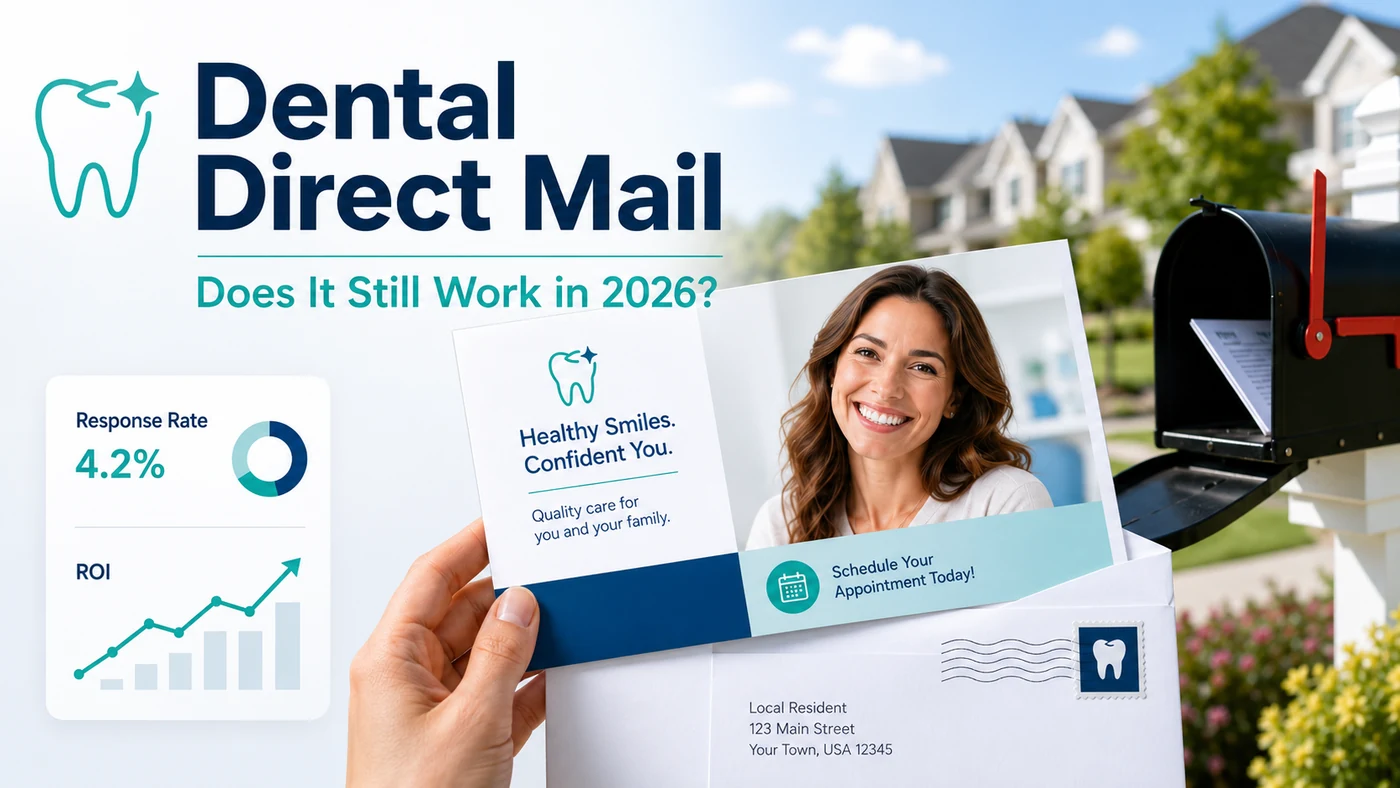 Dental direct mail postcard campaign for a dental practice showing a neighborhood mailbox, response rate and ROI tracking in 2026