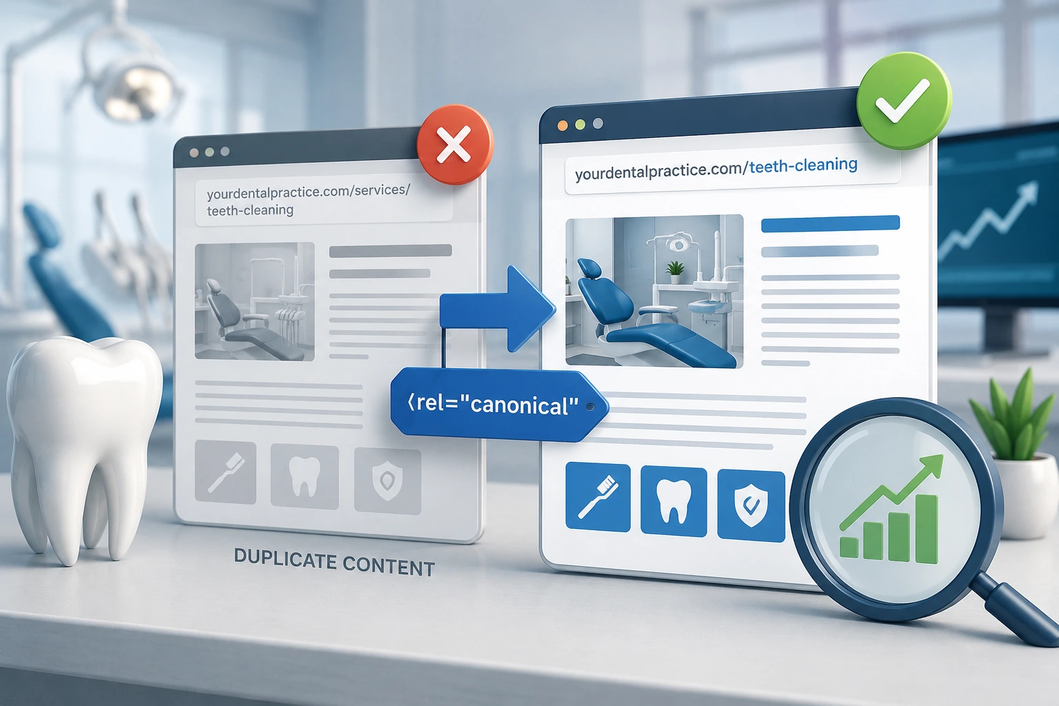 Dental duplicate content and canonical tags SEO illustration showing duplicate pages consolidated into a canonical version to improve indexing and protect rankings.