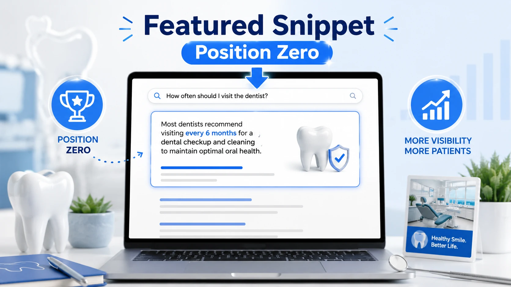 Dental featured snippets and position zero SEO concept shown on a laptop search result with a highlighted dental answer box