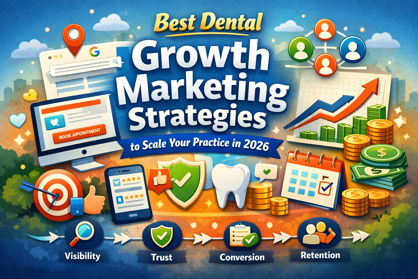 Illustration of dental growth marketing strategies in 2026 showing local search, reviews, booking, and a visibility-to-retention funnel.