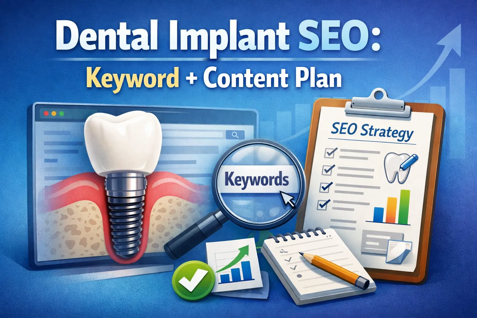 Dental implant SEO keyword and content plan illustration showing a dental implant, keyword search magnifier, and SEO strategy checklist with growth chart.