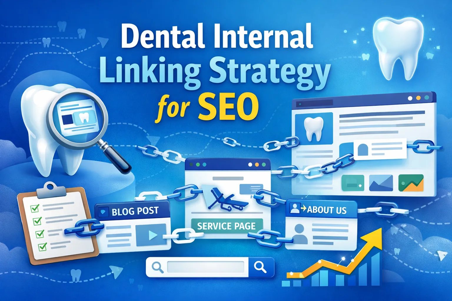 Dental internal linking strategy for SEO illustration showing connected dental website pages (service page, blog post, about page) linked together with a tooth and search elements to improve rankings.