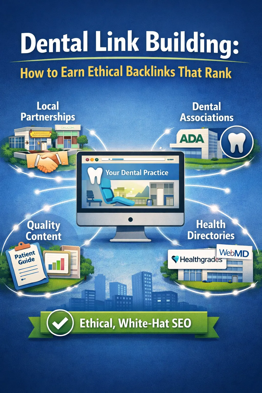Illustration of a dental practice website connected to local partnerships, dental associations, quality content, and healthcare directories, representing ethical dental link building and white-hat backlinks that improve rankings.