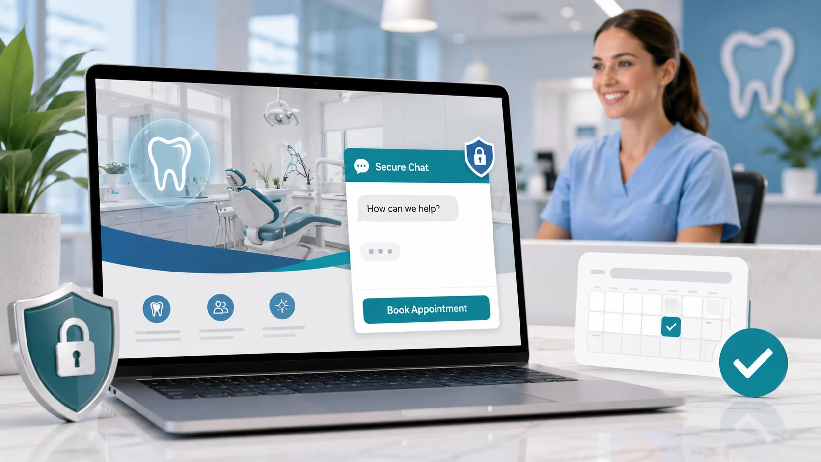 Dental live chat setup with secure HIPAA-compliant chat widget and appointment booking on a dental practice website