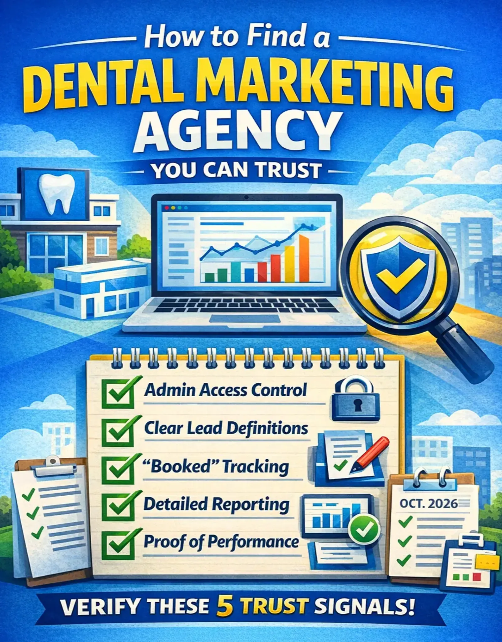 Illustration showing a checklist of five trust signals for choosing a dental marketing agency, with a laptop analytics chart and trust shield icon.