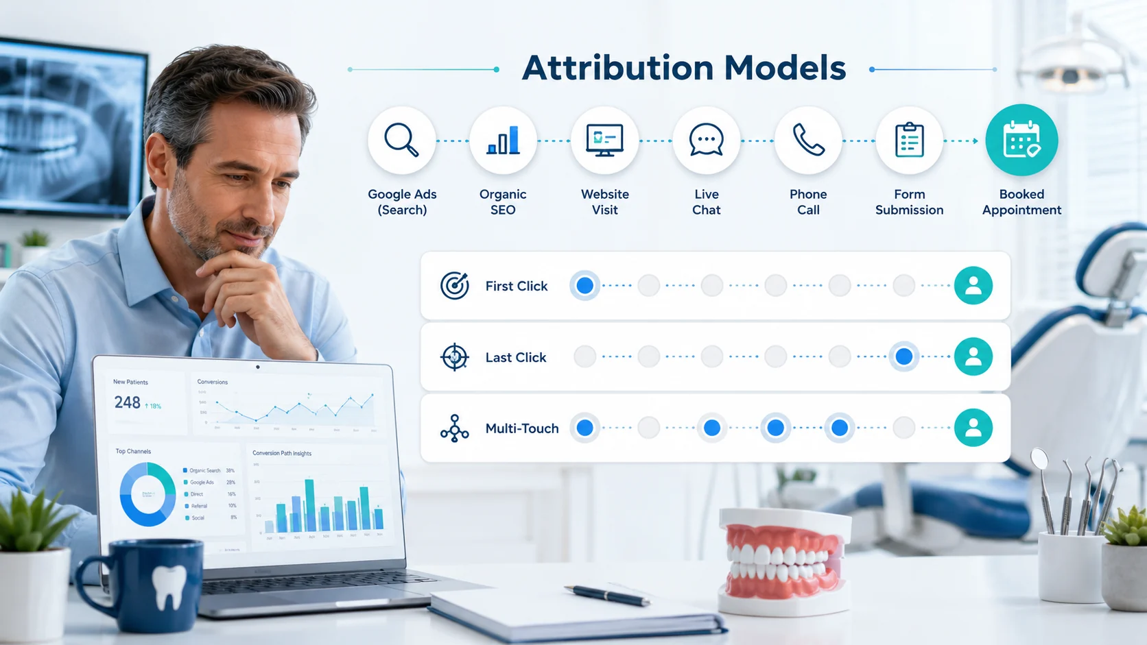 Dental marketing attribution models dashboard showing patient touchpoints from Google Ads, SEO, website visits, live chat, phone calls, forms, and booked appointments