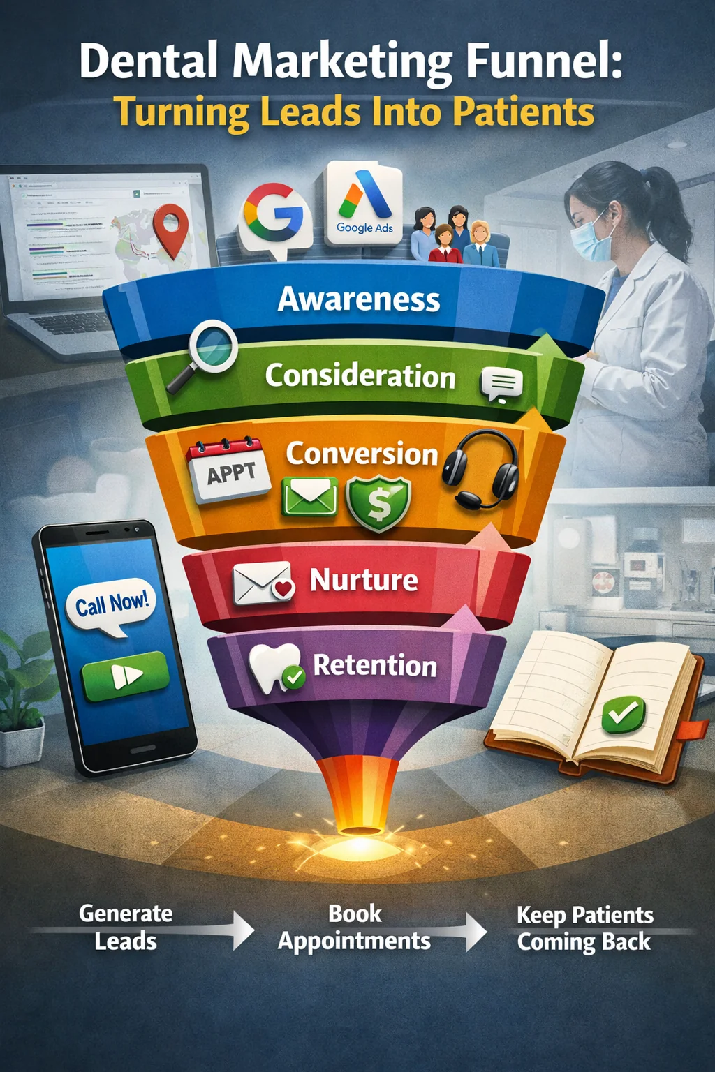 Dental marketing funnel infographic showing stages: awareness, consideration, conversion, nurture, and retention turning leads into patients.