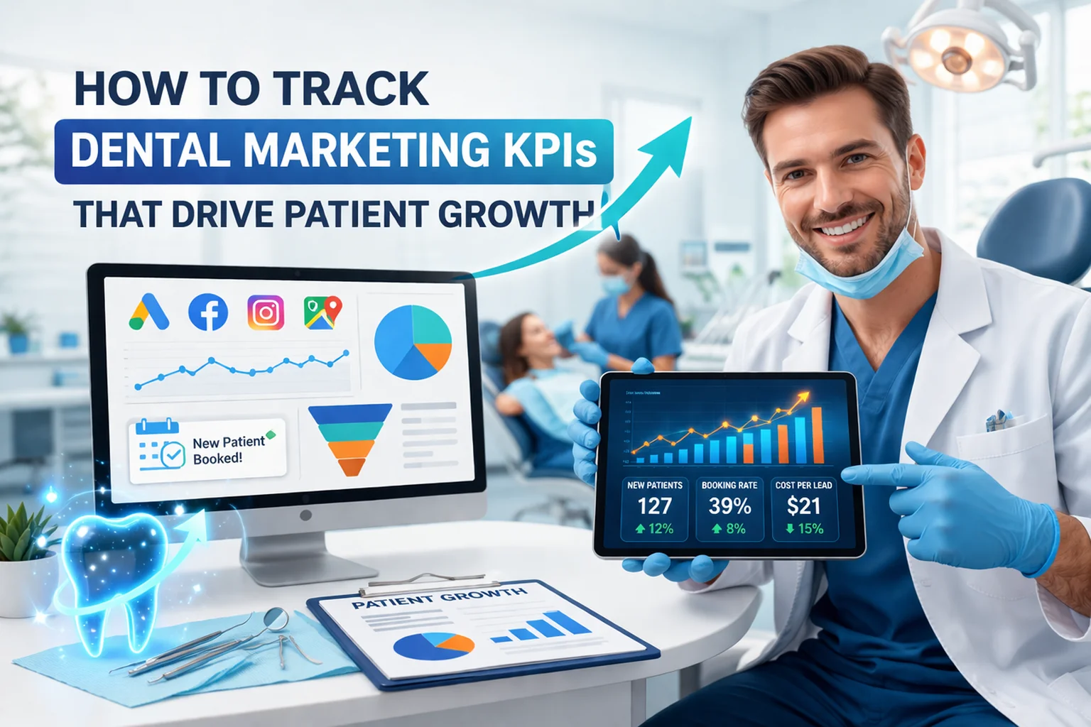 Dental marketing KPIs dashboard showing new patients, booking rate, and cost per lead to illustrate how to track dental marketing KPIs that drive patient growth.