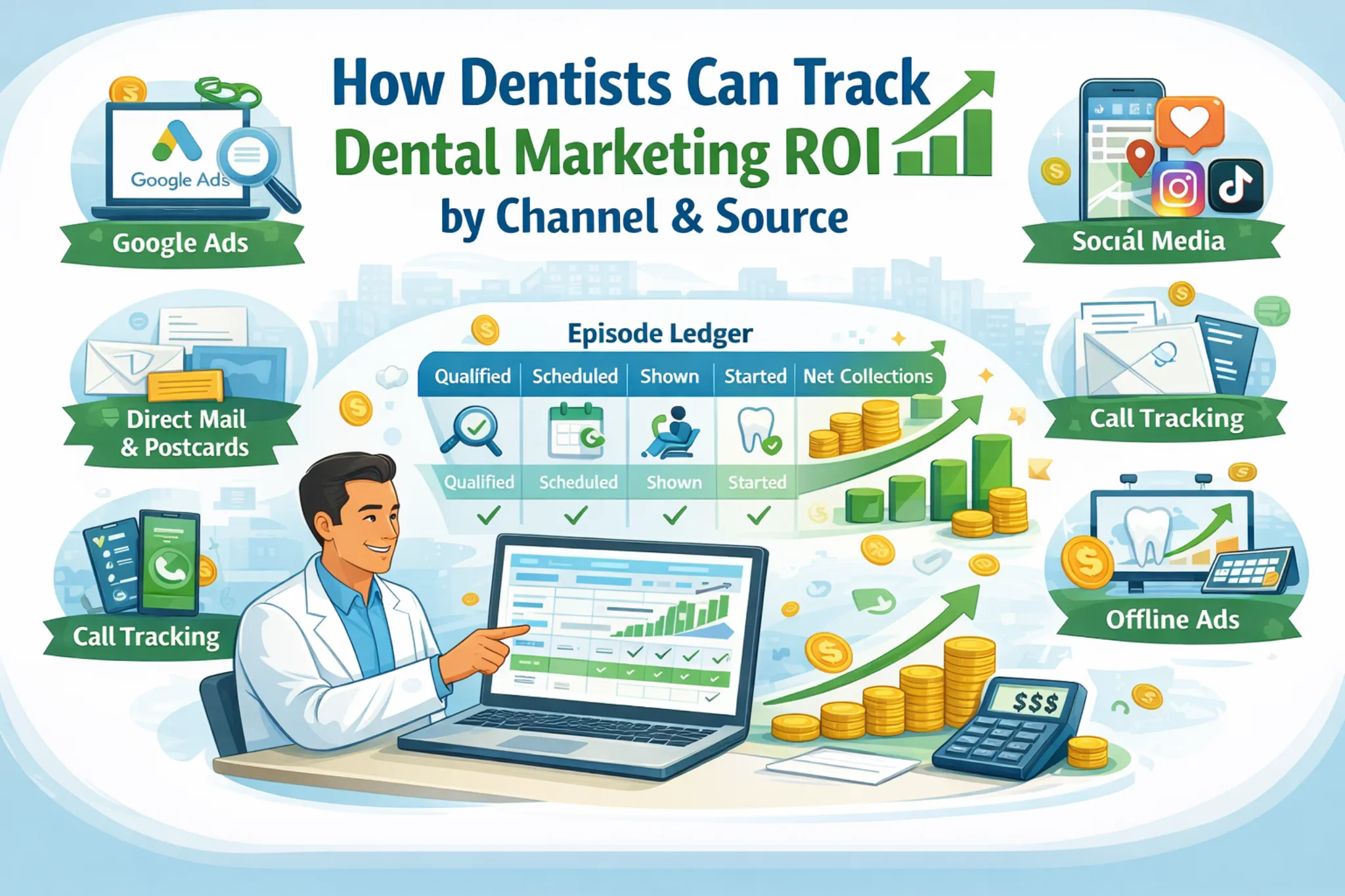 Illustration showing how dentists can track dental marketing ROI by channel and source, with icons for Google Ads, social media, call tracking, and direct mail.