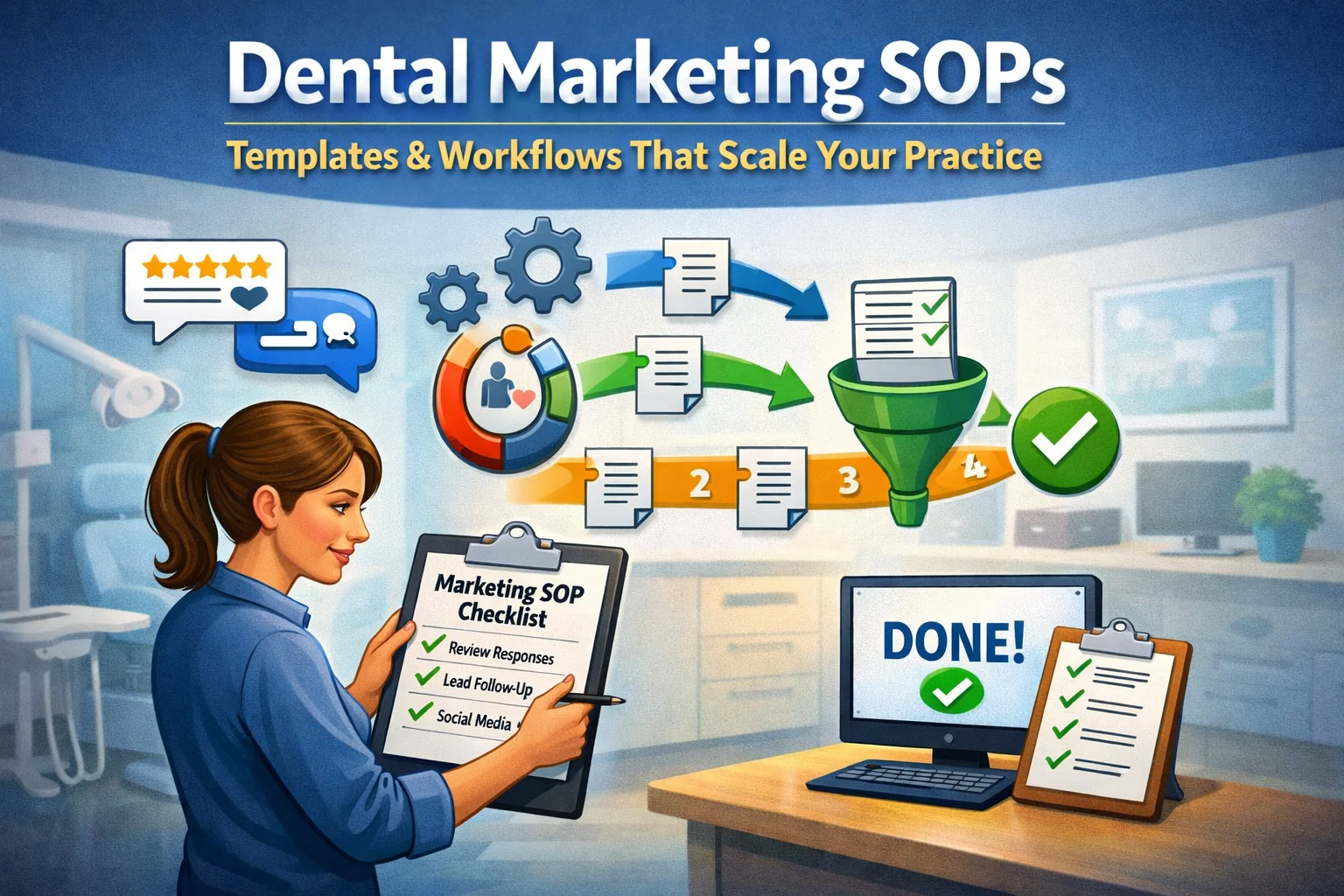 Dental marketing SOP workflow illustration showing a dental practice manager reviewing a documented marketing checklist with review responses, lead follow-up, and social media tasks flowing through a standardized system to scale a dental practice.