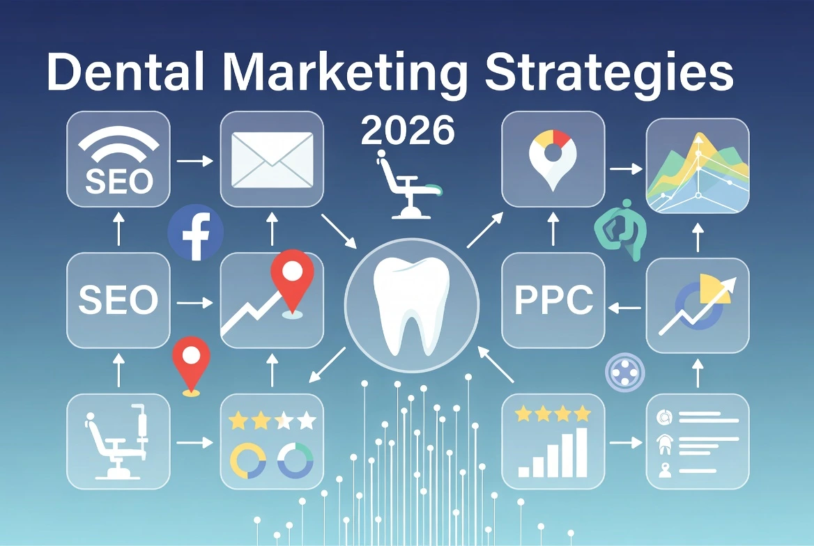 Overview of dental marketing strategies for 2026, featuring icons for SEO, PPC, social media, reviews, and local search surrounding a central tooth graphic.