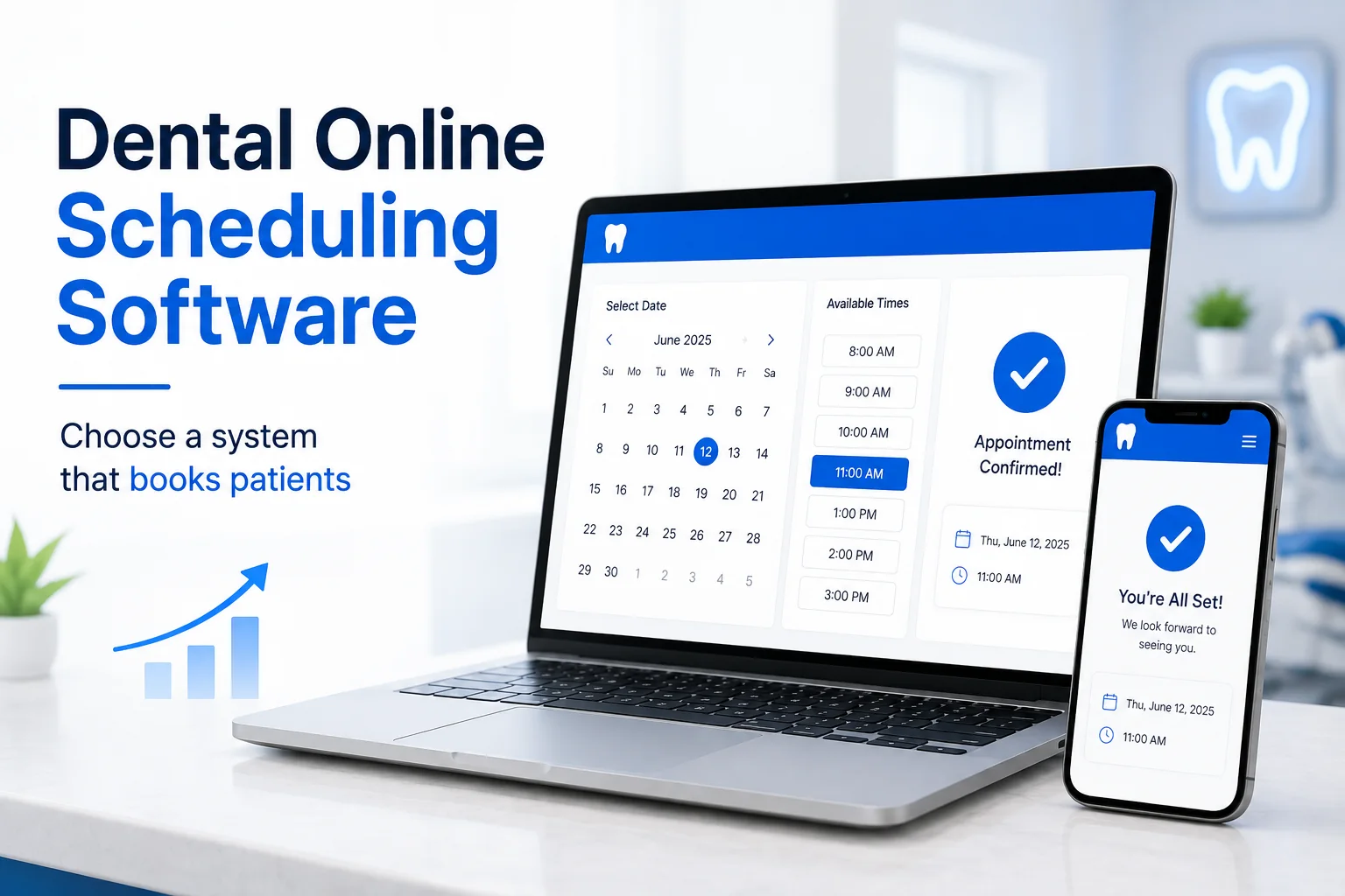 Dental online scheduling software on a laptop and smartphone showing available appointment times and a confirmed patient booking.