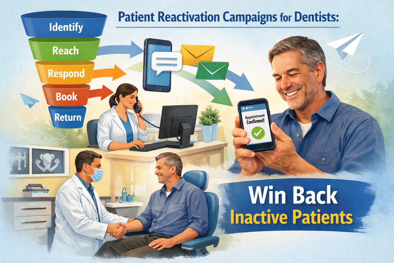 Dental patient reactivation campaign illustration showing a dental office contacting inactive patients via text, email, and phone, leading to appointment booking and returning patient visit.