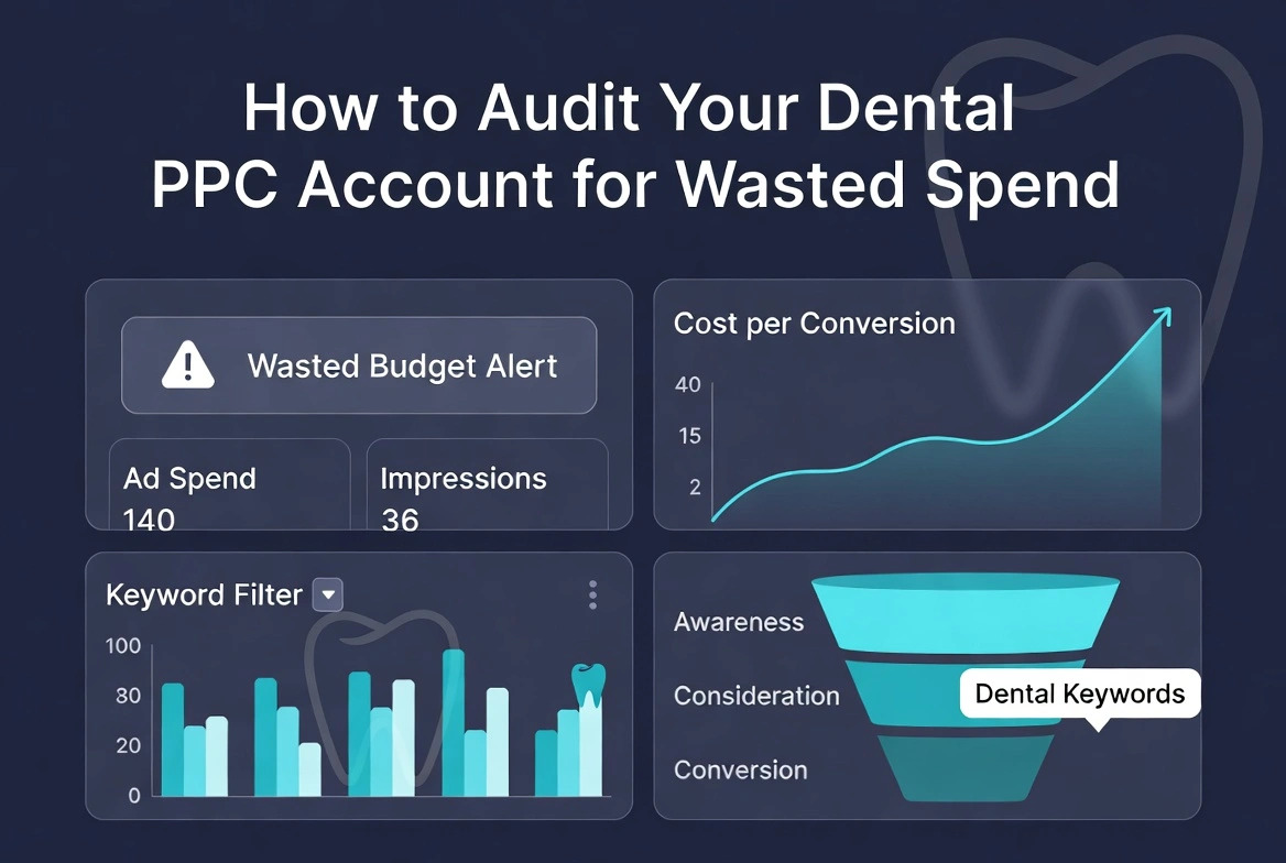 Dashboard showing dental PPC analytics including wasted budget alerts, cost per conversion chart, and keyword performance metrics.