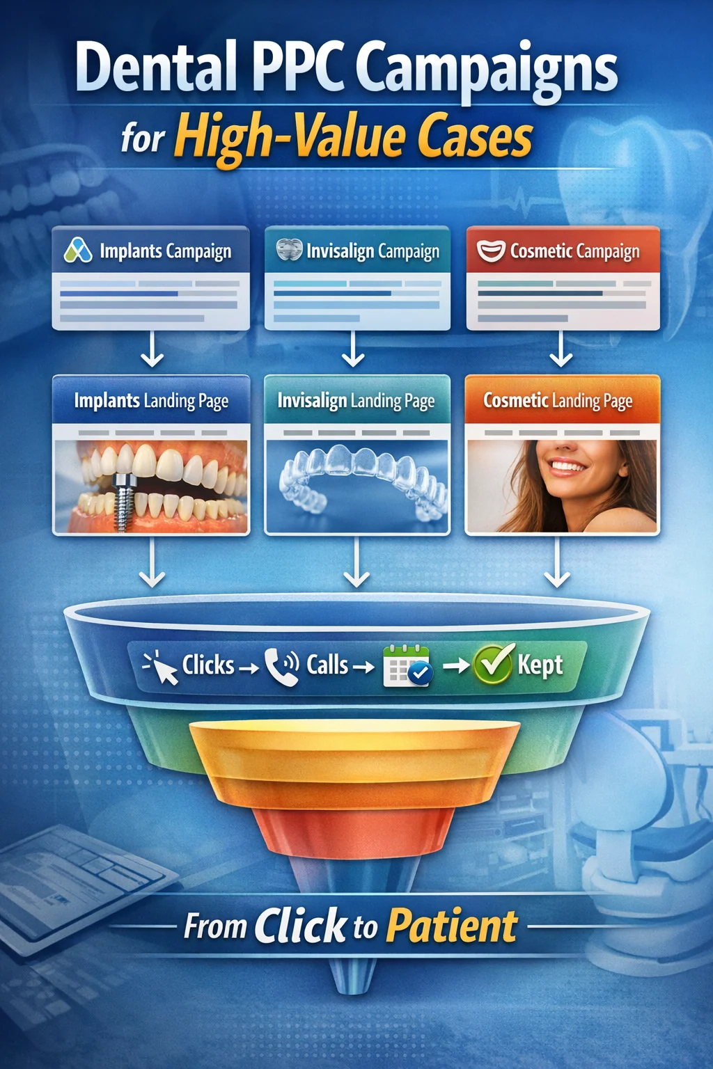 Dental PPC campaign structure for high-value cases showing segmented Google Ads campaigns (implants, Invisalign, cosmetic dentistry) connected to dedicated landing pages and a conversion funnel from click to booked patient.