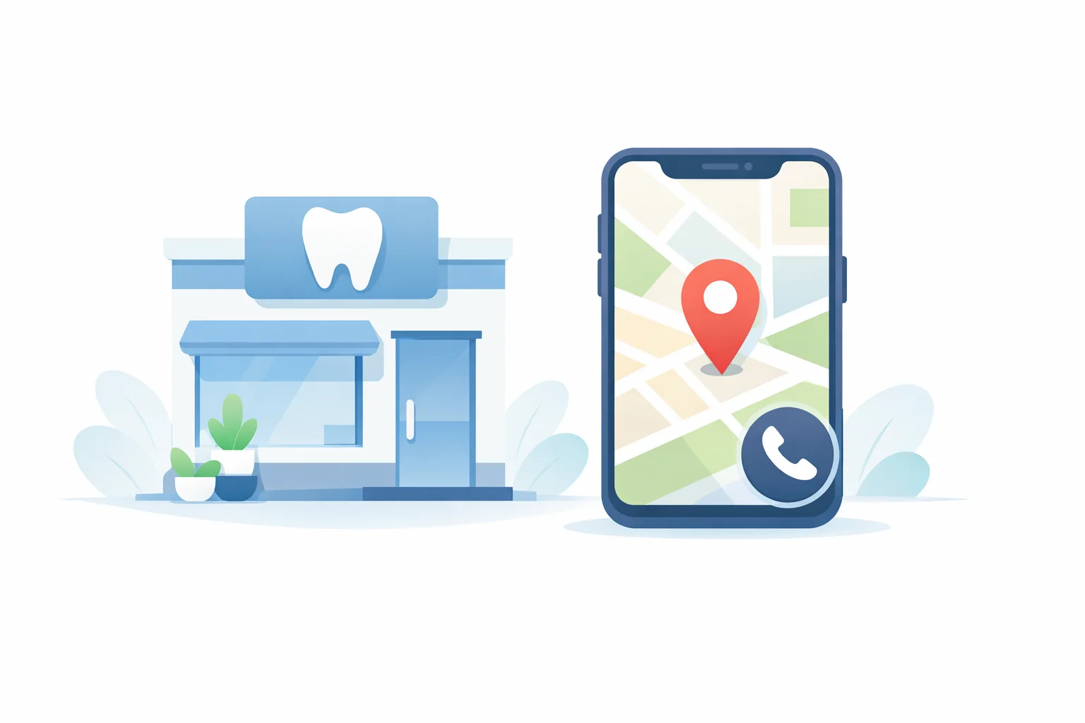 Minimal illustration showing a dental practice storefront beside a phone displaying a map pin and call button.