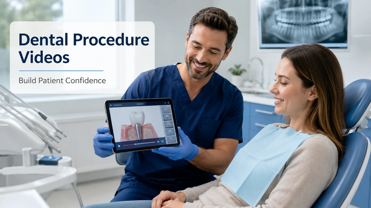 Dentist showing a patient a dental procedure video on a tablet to build patient confidence before treatment