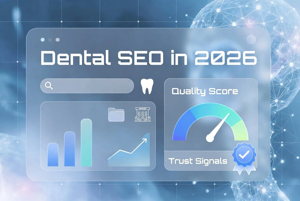 Interface-style graphic showing dental SEO metrics for 2026, including search bar, analytics charts, quality score gauge, and trust signal badge.