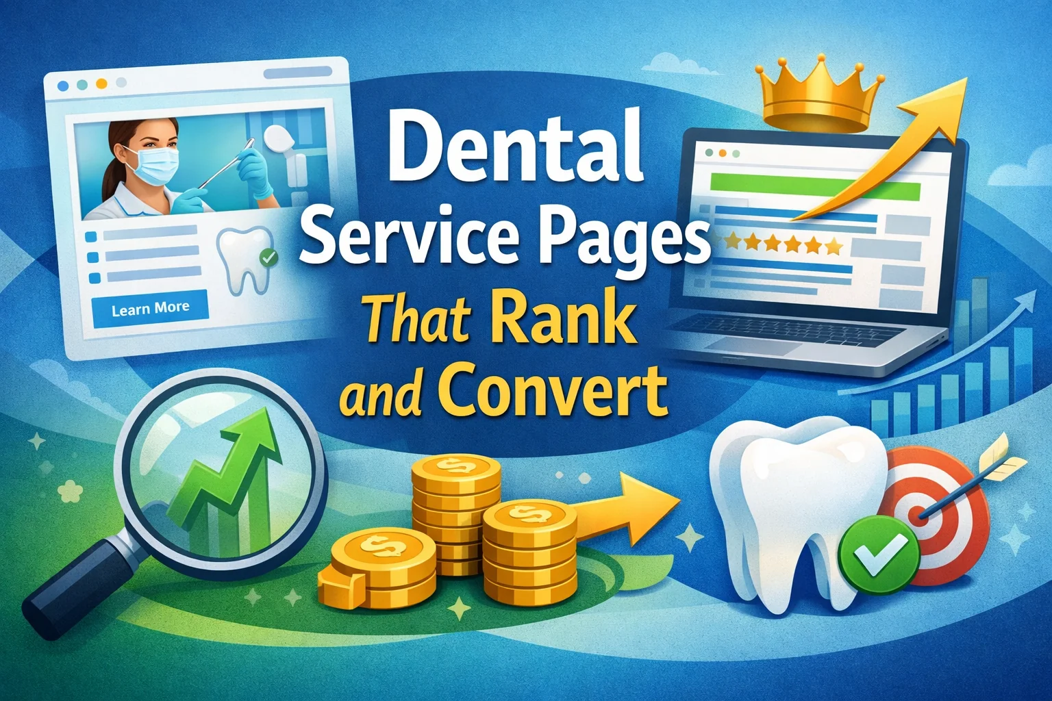 Dental service pages that rank and convert featured image showing dental SEO and CRO concept with dentist website mockup, search rankings, growth chart, coins, and conversion target icons.