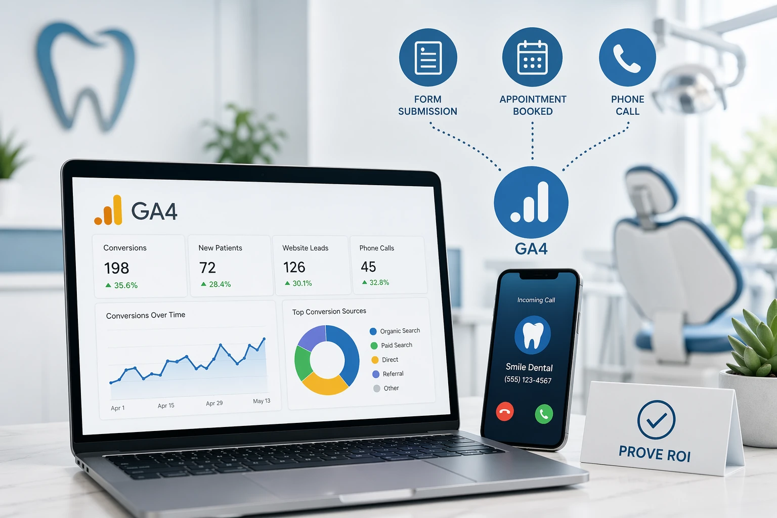 Dental website conversion tracking dashboard showing GA4 analytics, call tracking, appointment bookings, and phone call attribution used to prove dental marketing ROI.