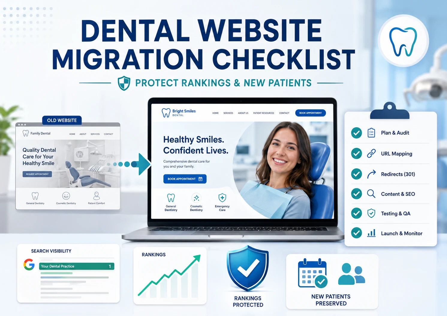 Dental website migration checklist showing an old dental site moving to a redesigned website with 301 redirects, SEO testing, rankings protection, and new patient tracking.