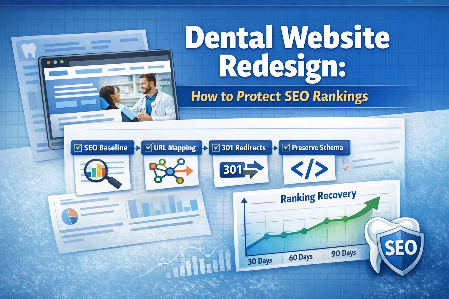 Dental website redesign to protect SEO rankings illustration showing a dental practice website migration with SEO baseline, URL mapping, 301 redirects, schema preservation, and ranking recovery.