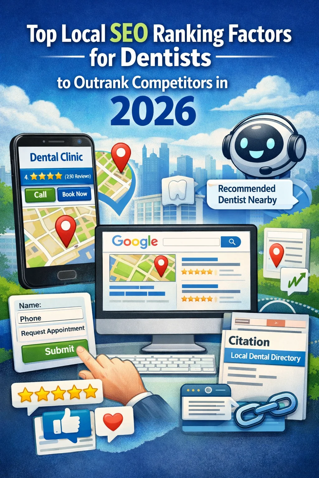 Illustration showing a dentist’s Google Maps listing on a phone with reviews and call/book buttons, plus an AI assistant and search results—representing local SEO ranking factors for dentists in 2026.