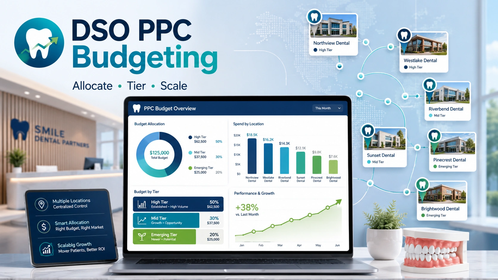 DSO PPC budgeting dashboard showing tiered ad spend allocation across multiple dental practice locations
