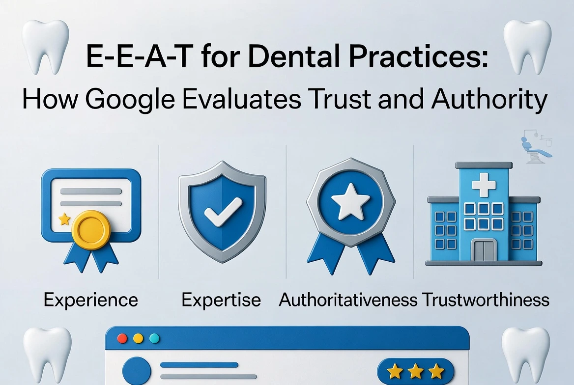 Graphic illustrating Google’s E-E-A-T framework for dental practices, showing icons for experience, expertise, authoritativeness, and trustworthiness.