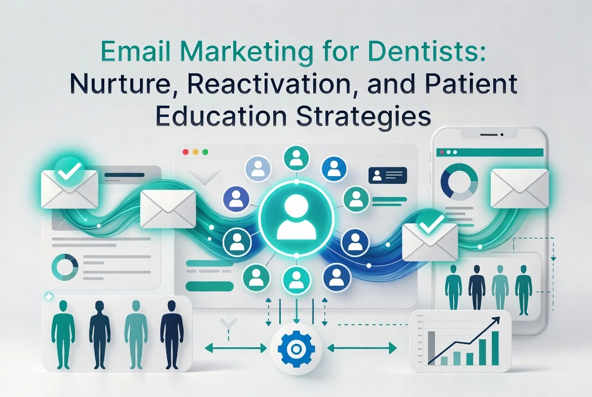 Illustration of dental email marketing workflow with patient segments, email icons, and engagement analytics.