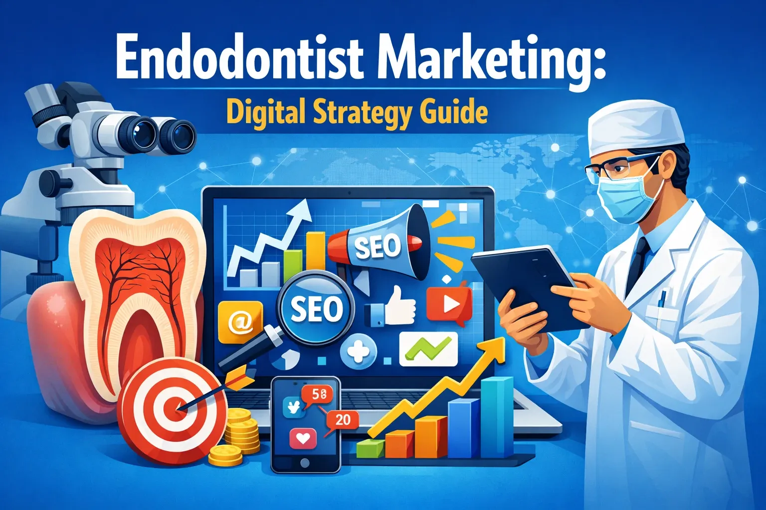 Endodontist marketing digital strategy guide featured image showing an endodontist with tablet, dental microscope, tooth cross-section, and SEO/digital marketing analytics icons on a laptop screen.