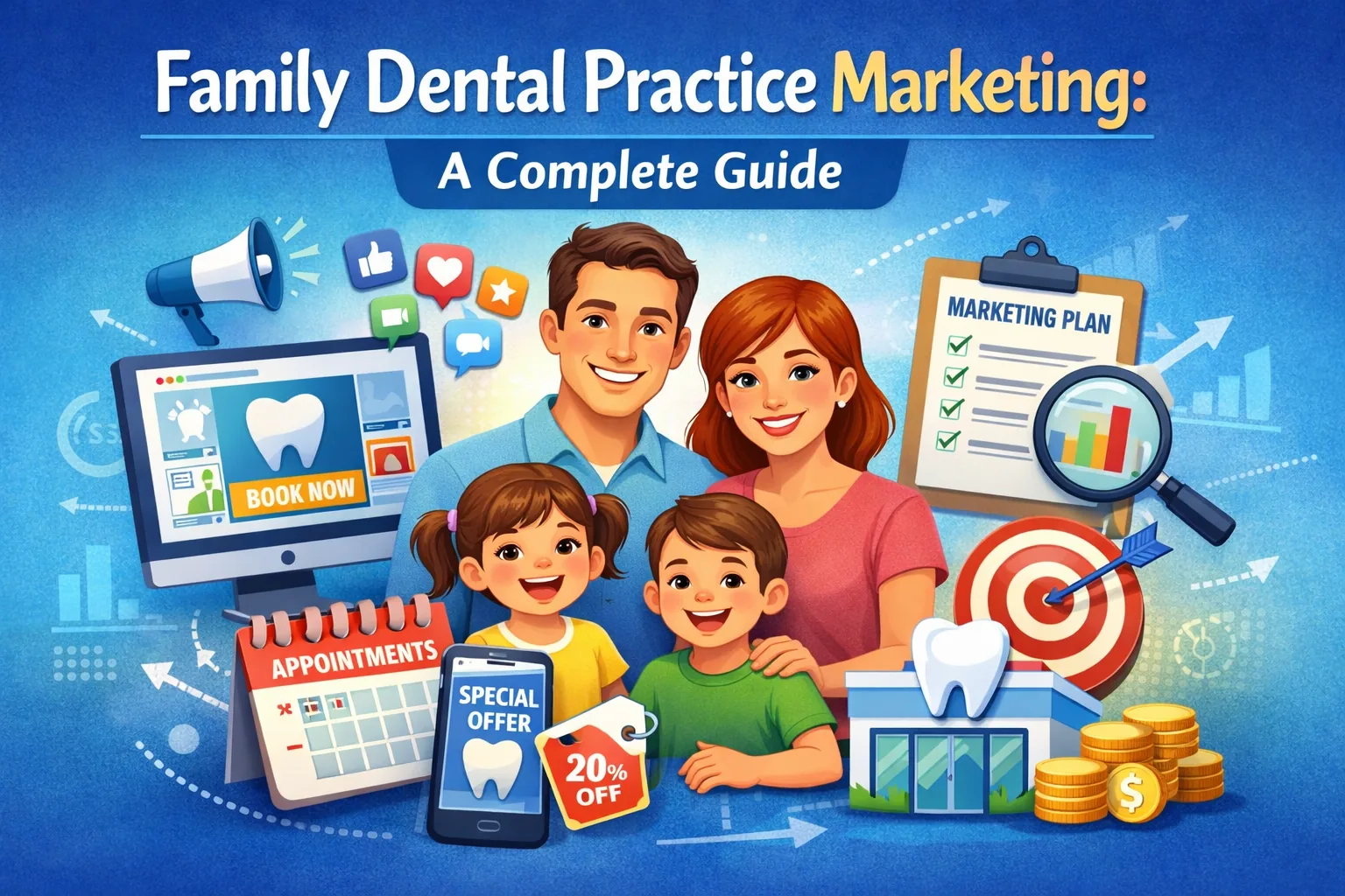 Family dental practice marketing complete guide featured image showing a smiling family with dental and marketing icons like online booking, appointments, marketing plan checklist, analytics chart, and target.