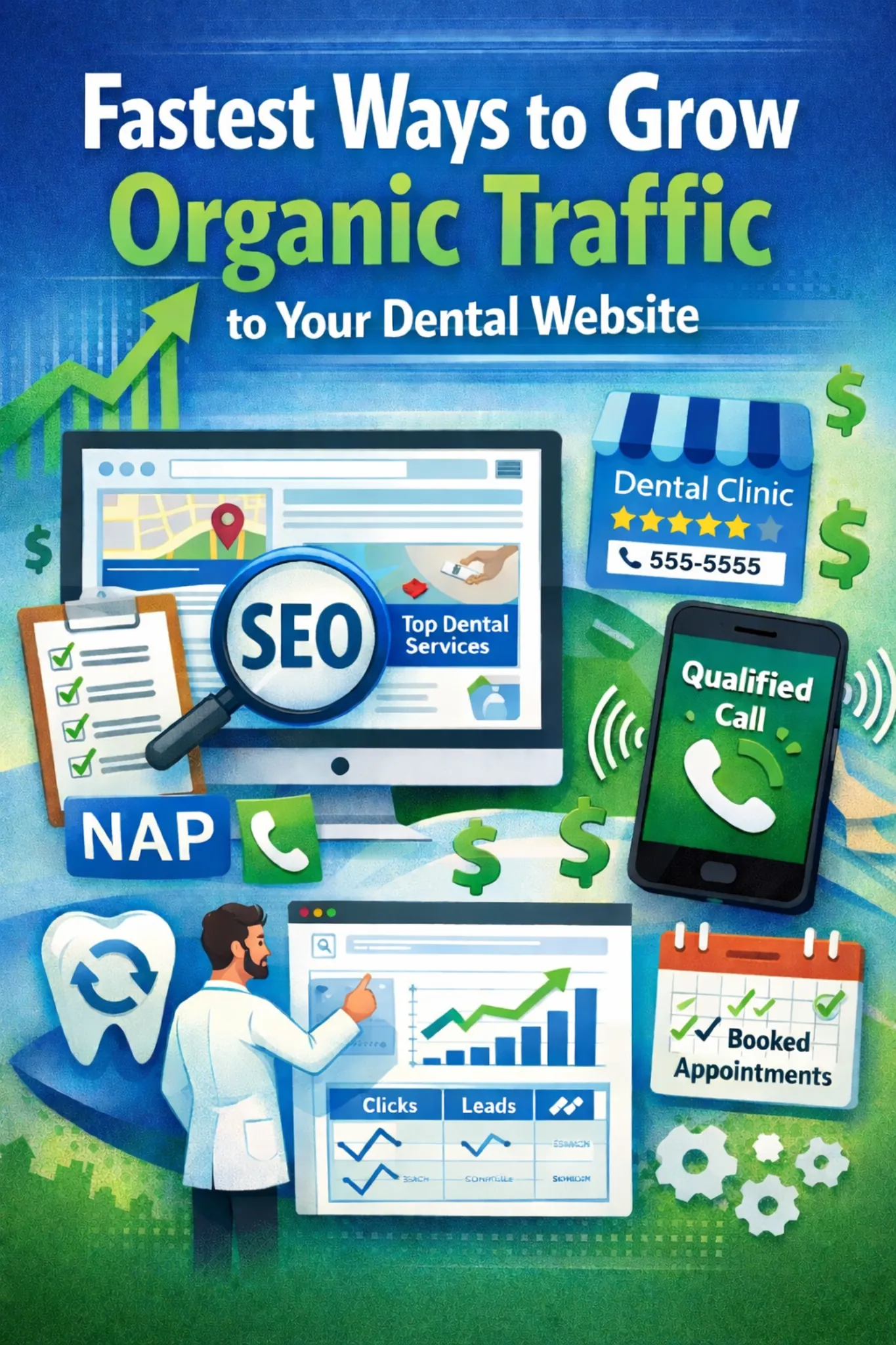Dental SEO illustration showing NAP consistency and Google Business Profile driving organic traffic, calls, and appointments.