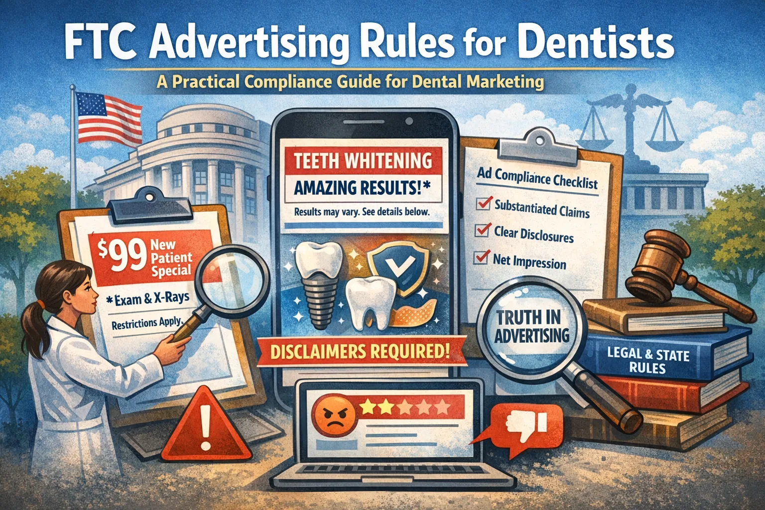 Illustration of dentist reviewing dental marketing ads with an FTC compliance checklist highlighting substantiation, clear disclosures, and net impression.