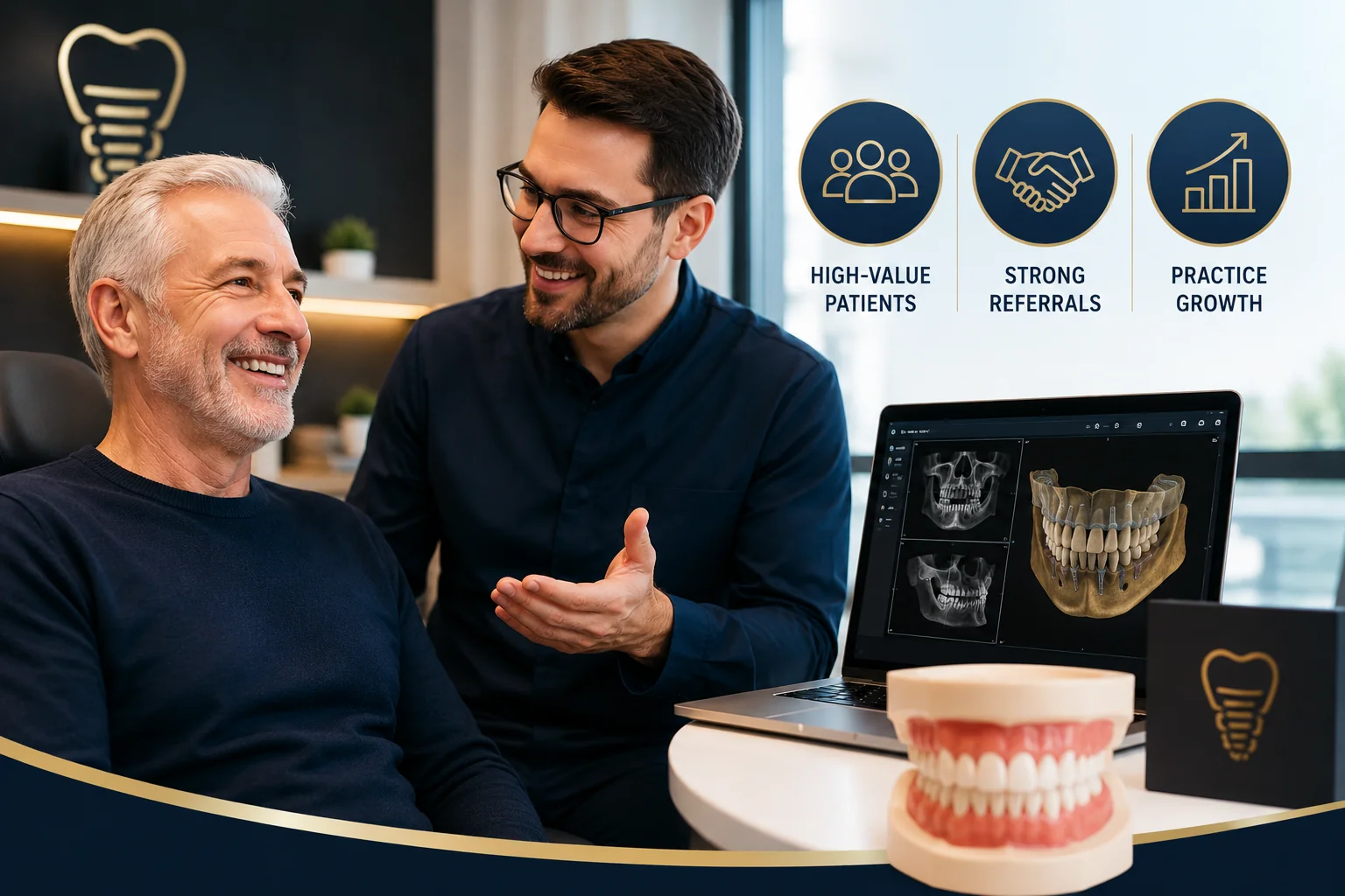 Prosthodontist consulting with a smiling patient about full-mouth rehabilitation and implant treatment, representing full-mouth rehab marketing focused on attracting high-value cases and referrals.