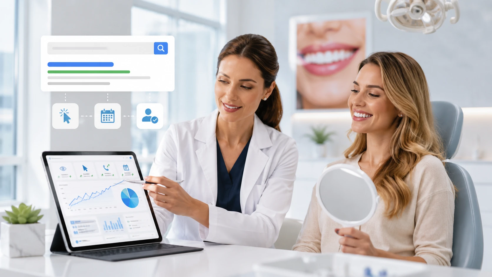 Cosmetic dentist reviewing Google Ads performance data for high-value cosmetic dental case consultations with a smiling patient