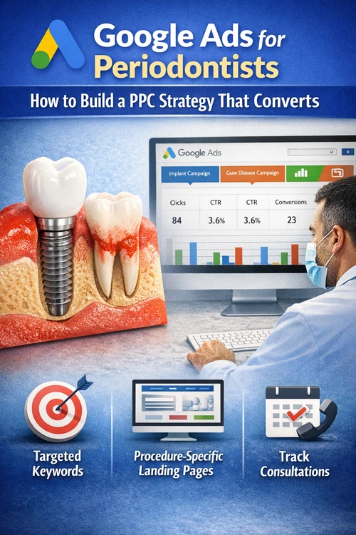 Google Ads for periodontists PPC strategy image showing a periodontist reviewing implant and gum disease campaigns with landing page and consultation tracking visuals.