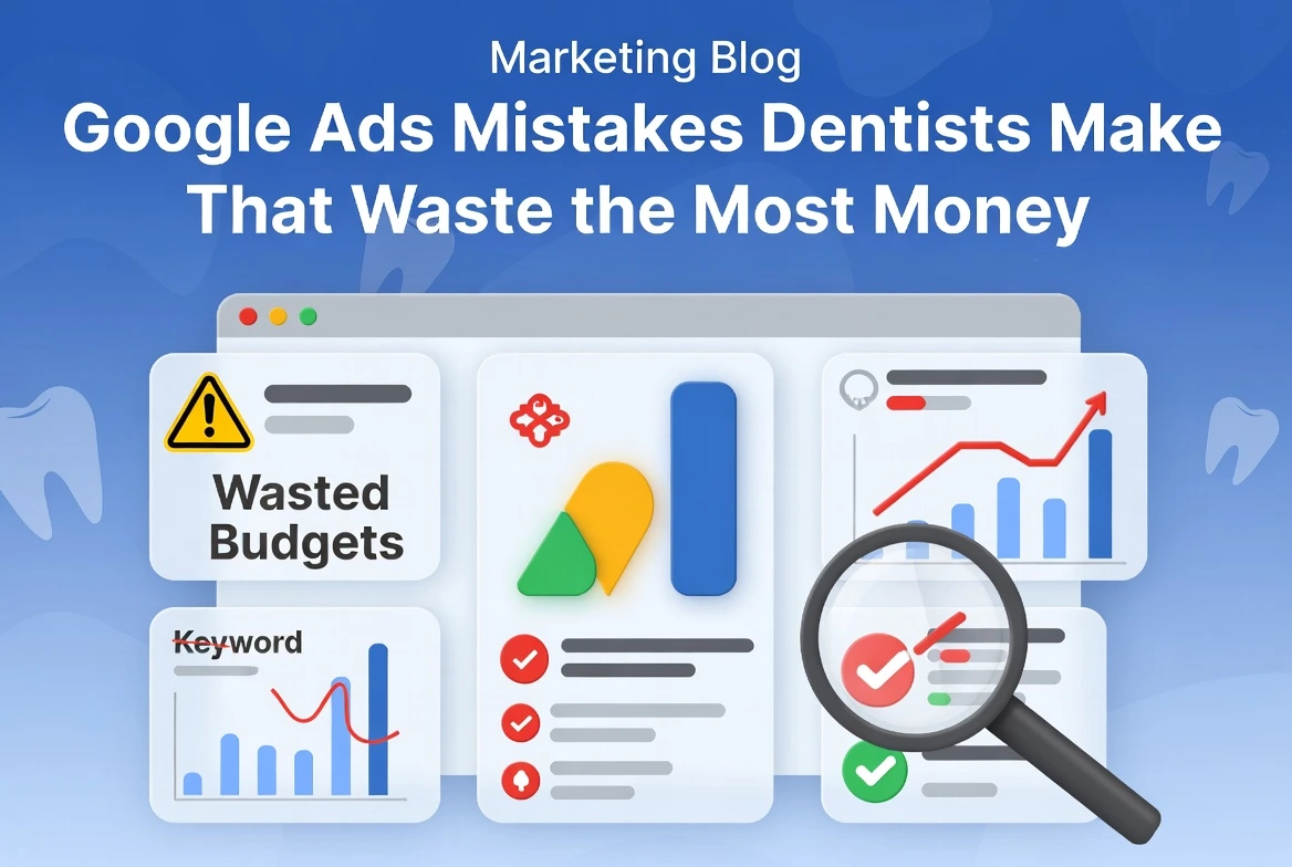 Graphic displaying Google Ads mistakes for dentists, including wasted budgets alerts, incorrect keyword targeting, performance charts, and a magnifying glass highlighting PPC errors that lead to lost ad spend.