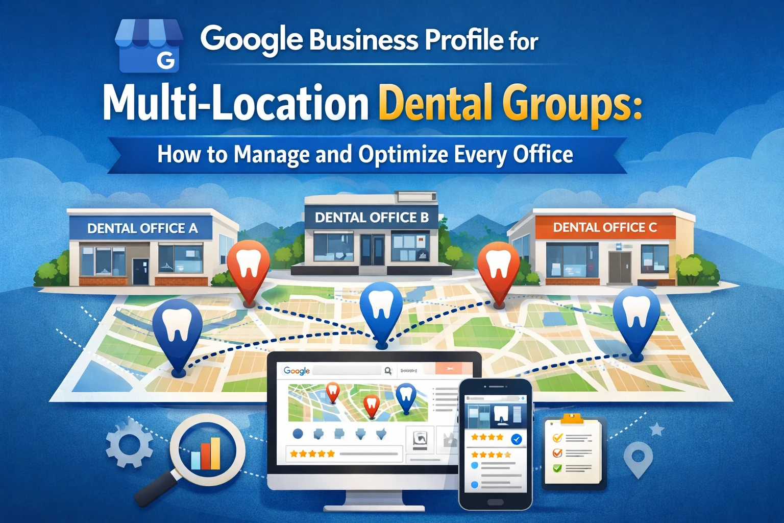Google Business Profile dashboard illustration for a multi-location dental group, showing multiple office listings, local performance metrics, and centralized GBP management across dental offices.