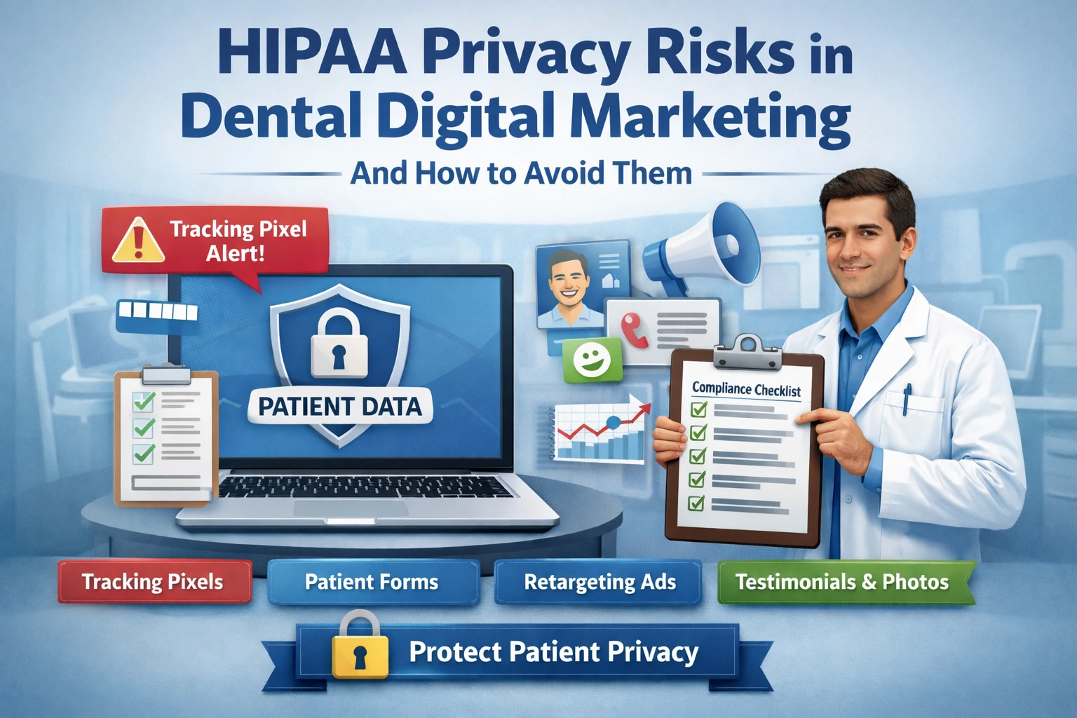 HIPAA privacy risks in dental digital marketing illustration showing a dentist reviewing a compliance checklist beside a laptop with protected patient data shield, tracking pixel alert, online forms, retargeting ads, and testimonial marketing elements.