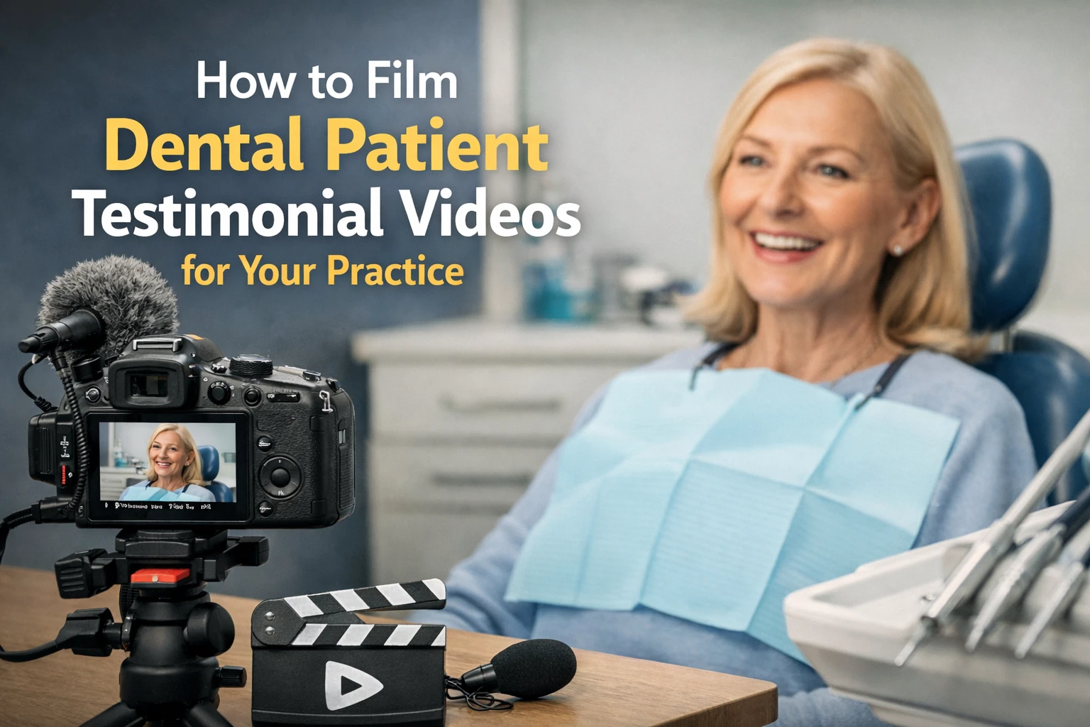 How to film dental patient testimonial videos for your practice featured image showing a smiling dental patient being recorded on camera in a modern dental office