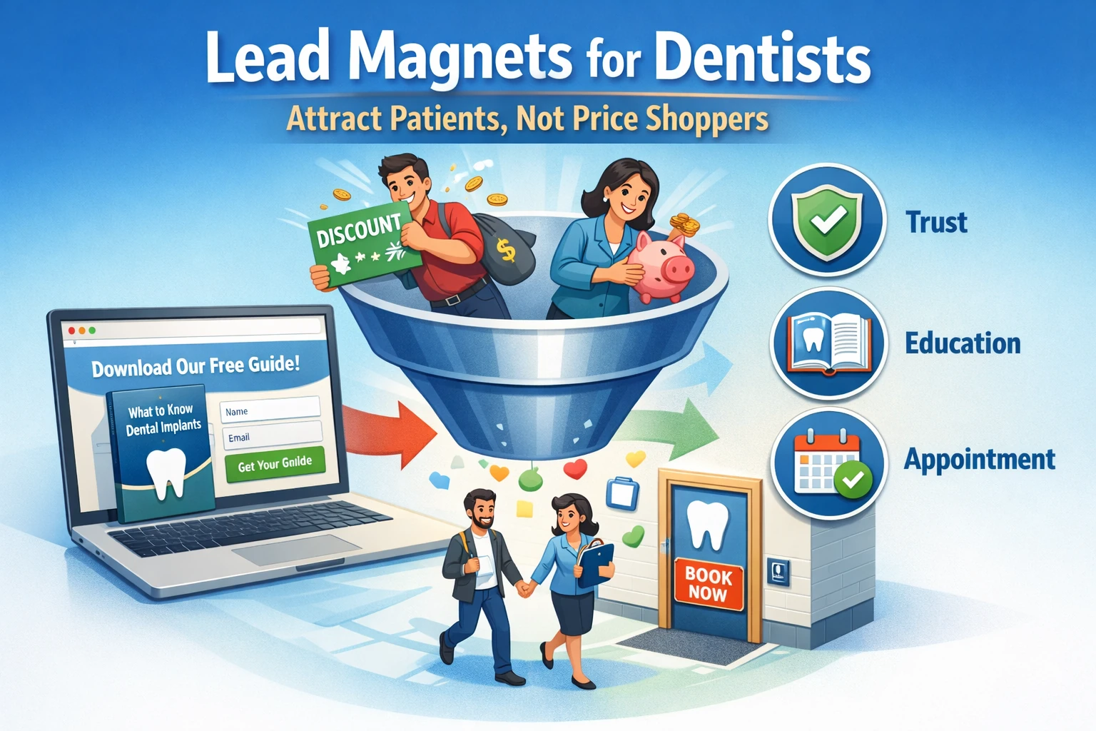 Illustration of dental marketing lead magnets funnel filtering high-intent patients using educational guides, quizzes, and trust signals instead of discounts to increase booked dental appointments.