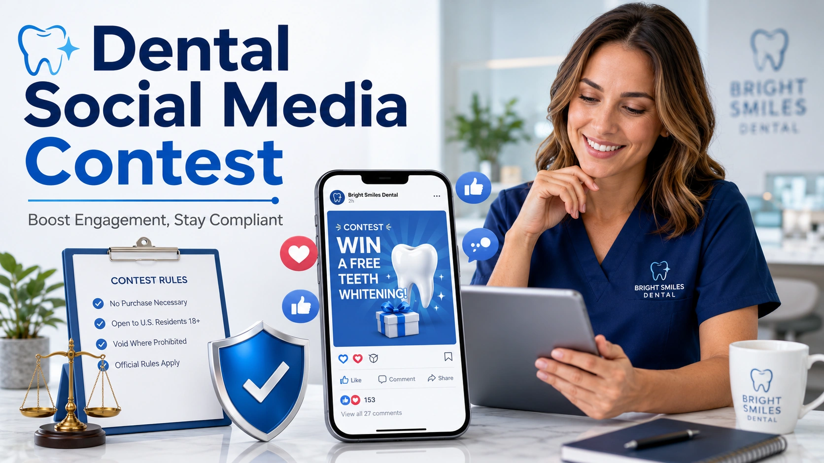 Dental social media contest graphic showing a dental practice contest post, engagement icons, contest rules, and compliance symbols for running a legal dental social media contest.