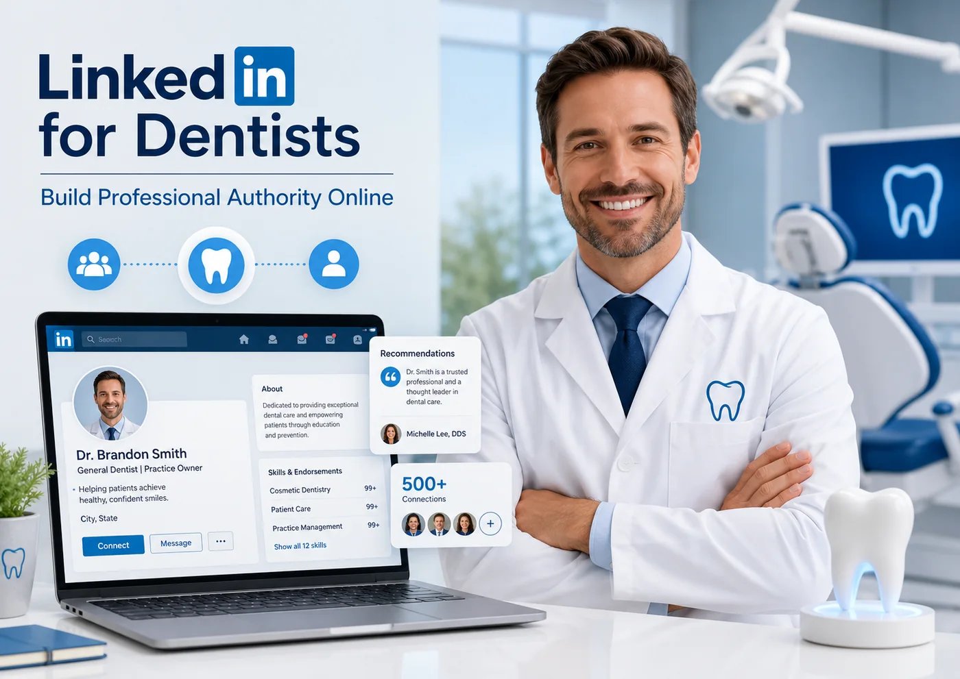 Dentist building professional authority online through a LinkedIn profile in a modern dental office
