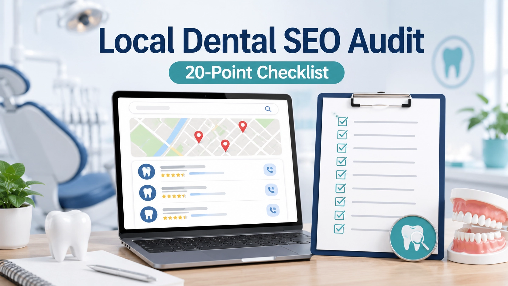 Local dental SEO audit checklist showing map pack rankings, dental listings, location pins, and review signals for a dental practice