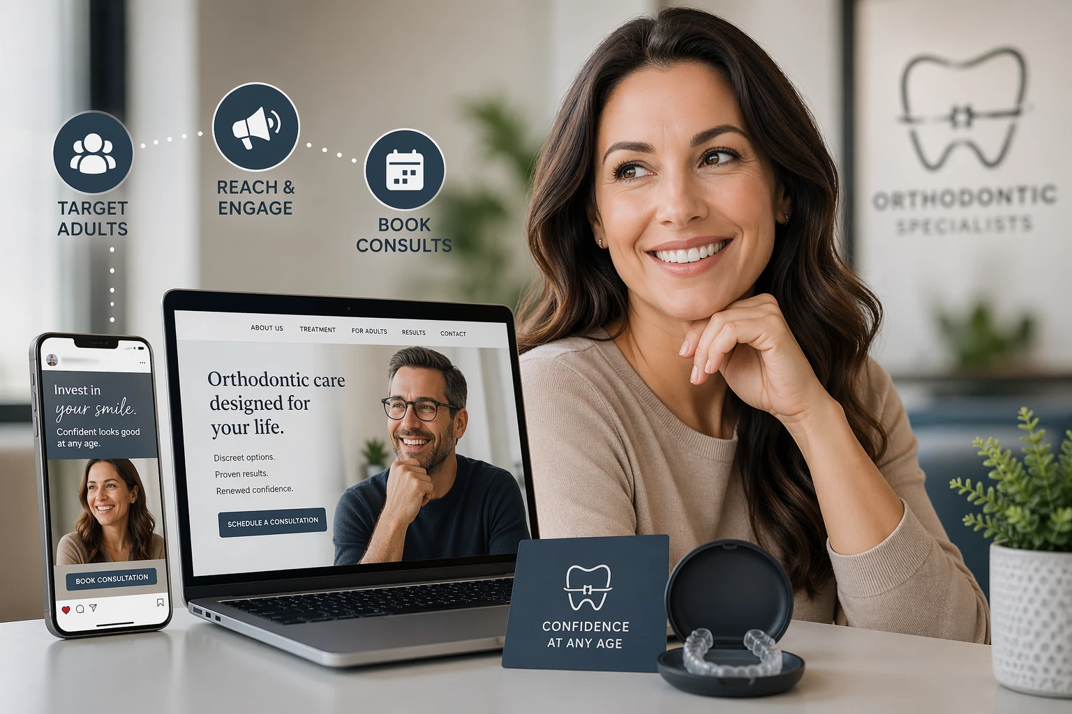 Adult orthodontic marketing featured image showing a smiling adult patient in a modern orthodontic office with digital ads and online consultation booking, representing strategies for marketing orthodontics to adult patients and converting more adult cases.