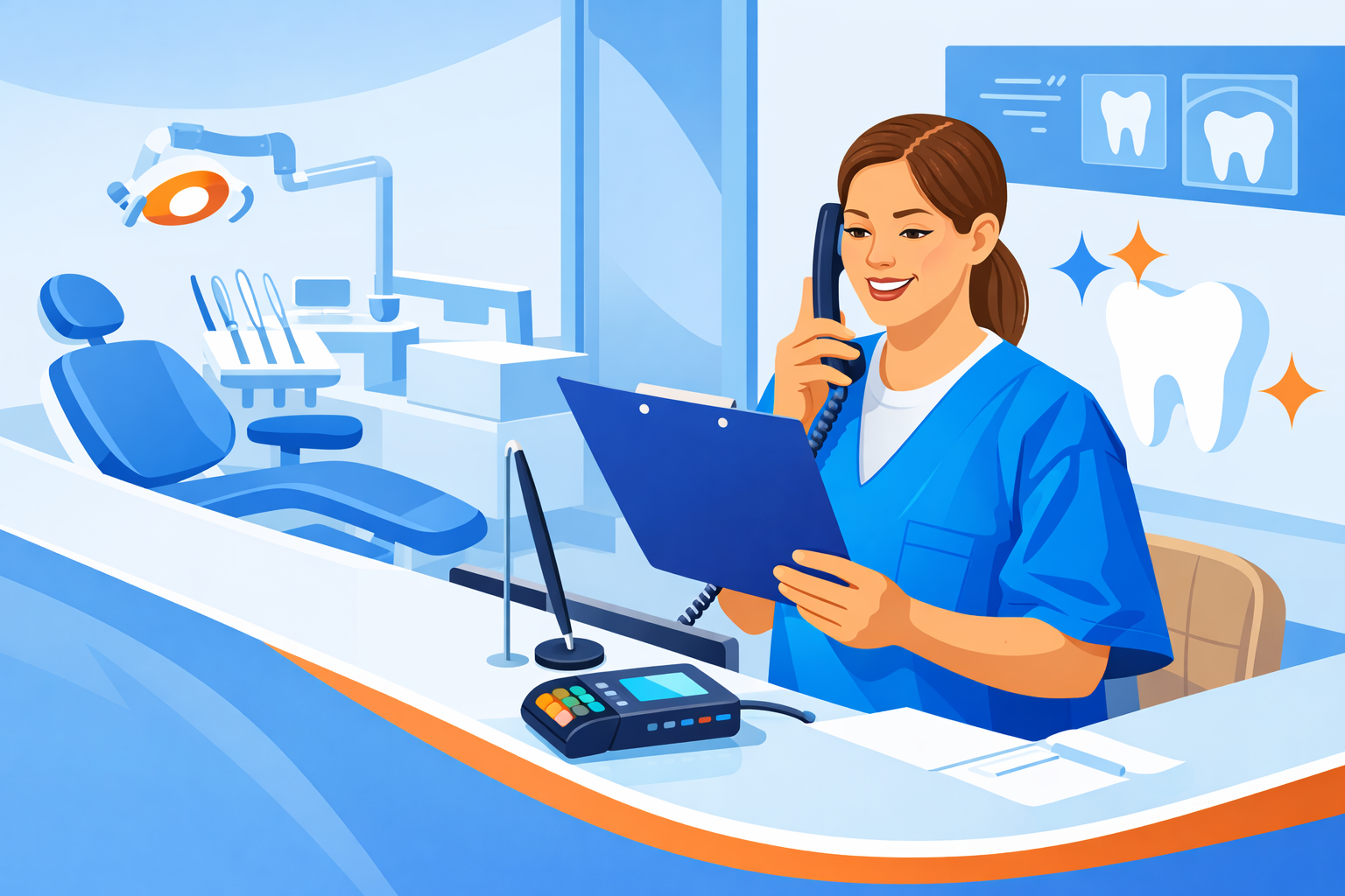 A DSO dental office's receptionist answering the phone