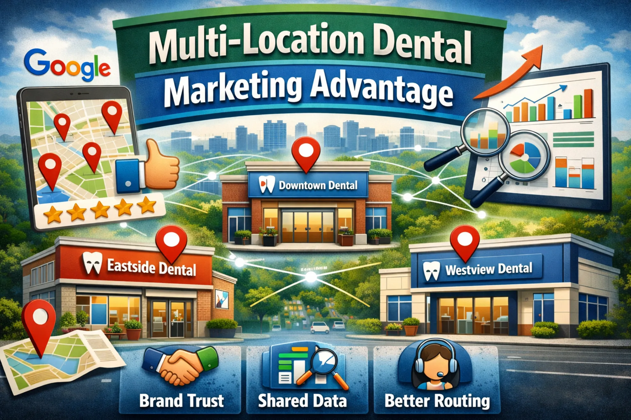 Multi-location dental marketing graphic with three clinic locations pinned on a city map, plus routing, reviews, and analytics icons.