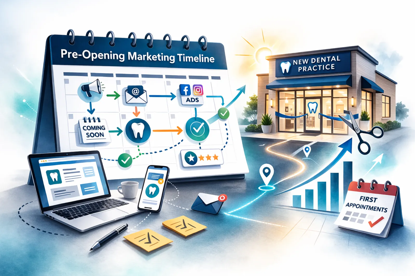 Illustration of a new dental practice pre-opening marketing timeline showing website launch, social media ads, grand opening promotion, and first patient appointment strategy for a startup dental office.